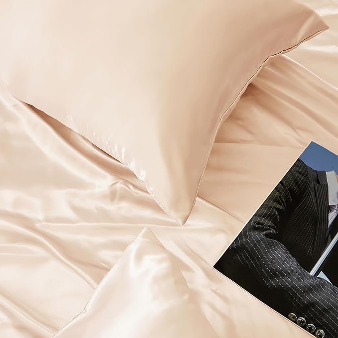 Champagne Satin Pillowcase Queen Size Set of 2 for Hair and Skin, Champagne Silk Pillowcase Breathable Pillowcase with Envelope Closure