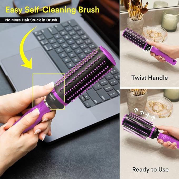 Self Cleaning Hair Brushes for Women - Curly Hair Detangler Brush Comb - Round Roller Retractable Travel Hairbrush - Purple Christmas Gifts
