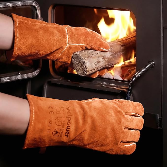 Welding Gloves Fire Heat Resistant 14IN Fireproof Leather for Welding Fire Pit Wood Stove Campfire Furnace BBQ Baking,Grill Oven Stick Mig Tig Gear Gift for Man L