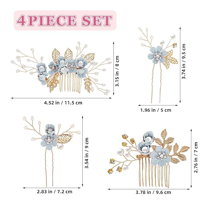Wedding Flower Hair Accessories for Women: 4pcs Leaf and Flower Hair Combs for Women Accessories - Crystal Pearl Wedding Flower Clips Headpiece for Brides Bridesmaids Girls Updo (Blue)