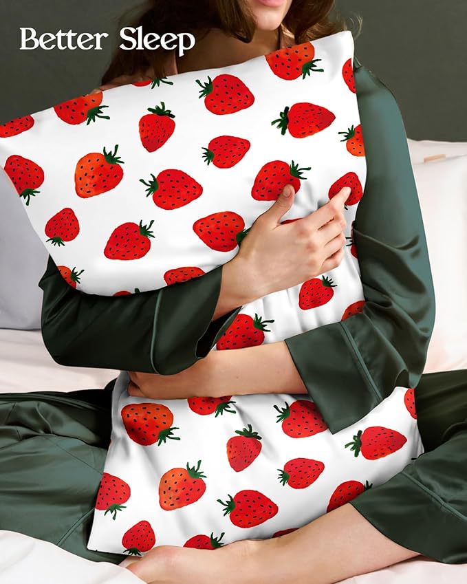 2 Pack Mulberry Silk Pillowcase for Hair and Skin - Standard Size 20 x 26 Inches with Hidden Zipper Watercolor Strawberry 19 Momme Soft Sleeping Silk Pillow Case for Women, Moms