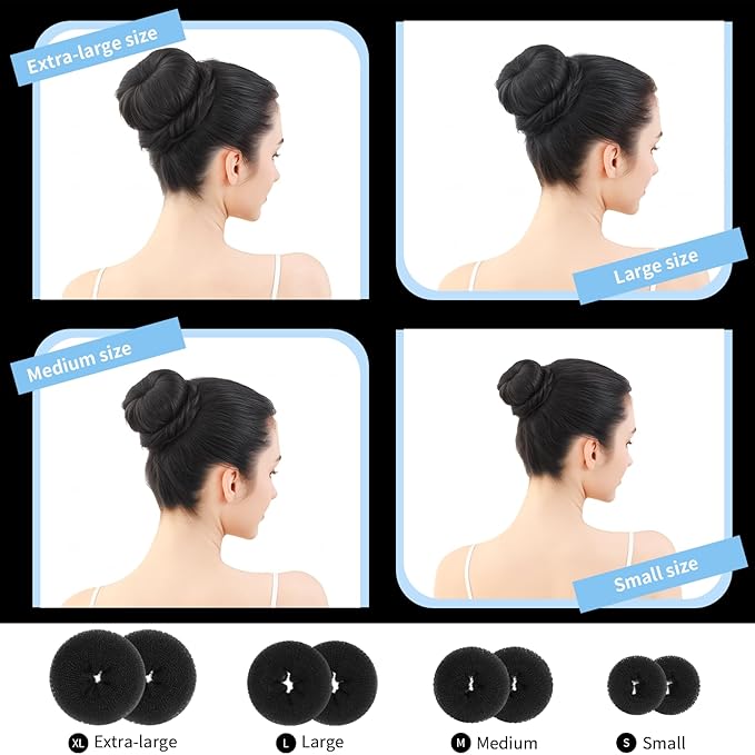 FANDAMEI Hair Bun Maker Set- 8 PCS Hair Donuts for Buns (2 Extra-large,2 Large,2 Medium and 2 Small), 40 PCS Bobby Pins, 5 PCS Hair Elastic Ties Black,Bun Maker - Black