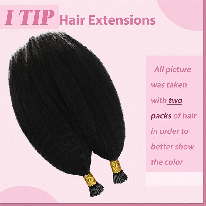 YoungSee Kinky Itip Hair Extensions Real Human Hair Black I Tip Hair Extensions Human Hair Kinky Straight 24 Inch 50g 50s Black Itip Hair Extension for Black Women Long Hair Extension