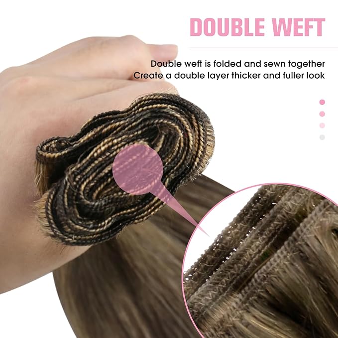 YoungSee Hair Extensions Weft Brown Highlights Sew in Hair Extensions Real Human Hair Dark Brown Mix Caramel Blonde Human Hair Weft Extensions for Women 18Inch 100G