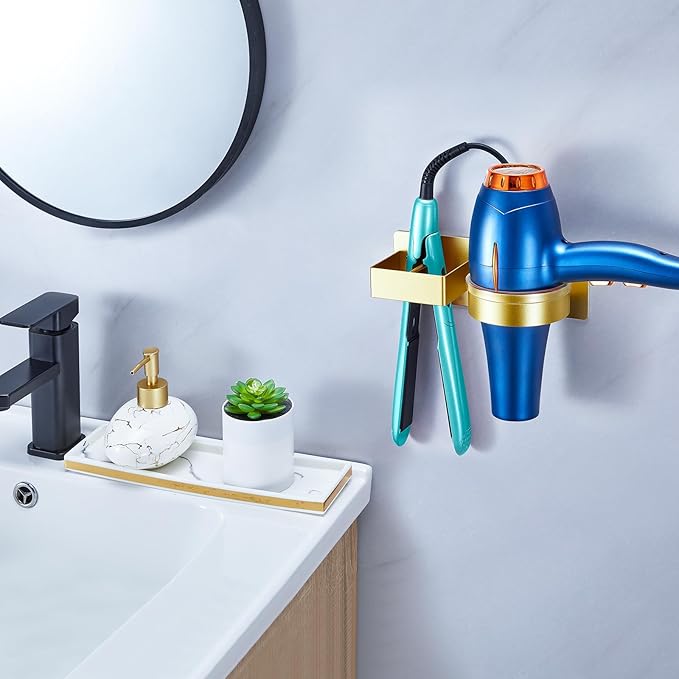 Blow Dryer Holder Wall Mounted, Hair Straightener Holder, Hair Dryer Holder Adhesive, Hair Tool Organizer for Flat Iron, Hairdryer, Curling Iron Holder for Bathroom Vanity Barber Shop (Gold)