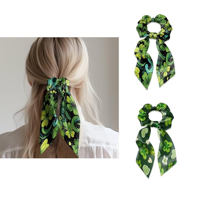 Green Leaf Hair Scrunchies with Ribbon Pack of 2 St Patricks Day Ribbon Bow Hair Ties for Girls No Damage Scarf Scrunchies Knotted Bow