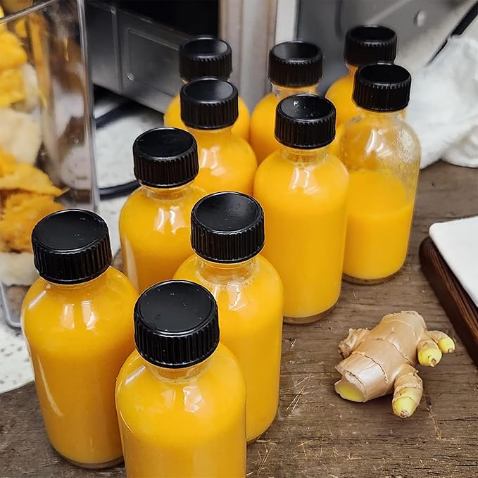 DIDITIME 12 Pack 2 oz Small Clear Glass Bottles with Lids & 2 Funnels - 60ml Boston Round Sample Bottles for Potion, Juice, Ginger Shots, Oils, Whiskey, Wellness Shots, Mini Travel Bottles