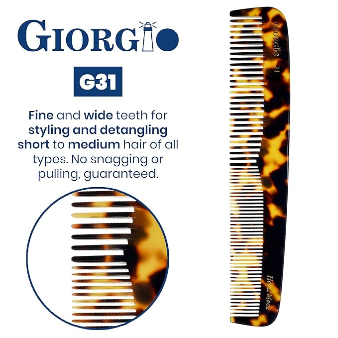 Giorgio G31 Fine Tooth Comb and Wide Tooth Hair Comb, Hair Styling Comb for Men, Grooming Hair Combs for Women, Mens Beard Care Combs for Detangling and Styling, Handmade Saw-Cut and Hand Polished