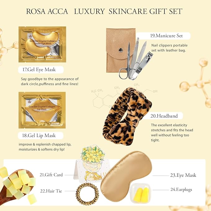 Leopard 32 Pcs Facial Skin Care Set, Spa & Self-Care Gifts, Bath and Body Gifts for Women, Lip Oil, Face Sheet Mask, Bath Oil, Hyaluronic Acid, Birthday, Christmas, Valentines