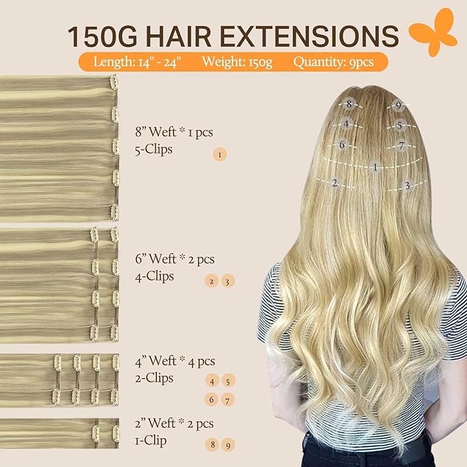 DOORES Hair Extensions Real Human Hair, Light Blonde Highlighted Golden Blonde 150g 9pcs 16 Inch, Remy Hair Extensions Clip in Human Hair Extensions For Women Clip in Straight Thick Hair Extensions