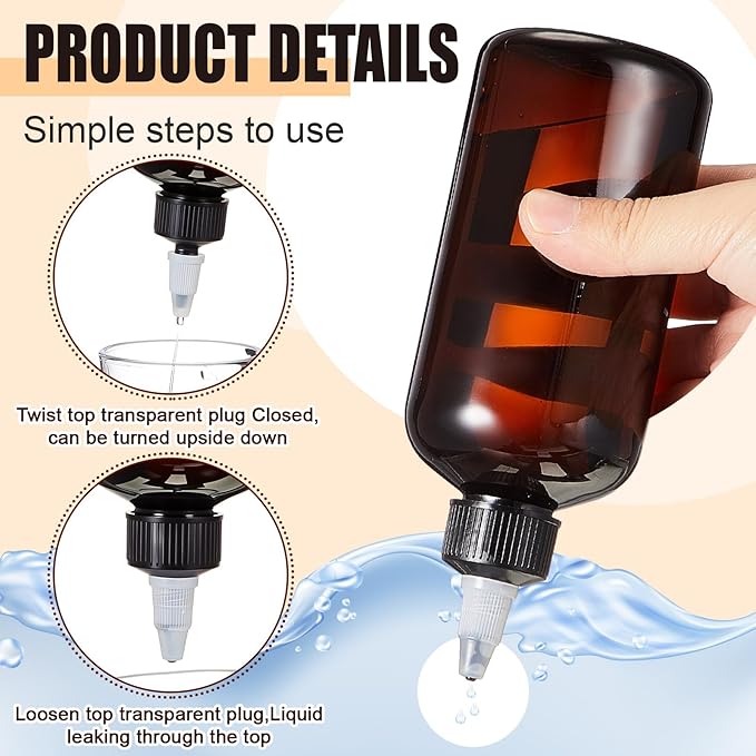 Barydat 12 Pcs Applicator Bottles for Hair, Squeeze Hair Oil Applicator Bottle Refillable Empty Plastic Bottles, Twist Cap with Open Close Nozzle and 2 Funnels (8 oz,Brown)