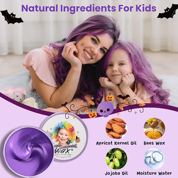 Temporary Purple Hair Color Wax for Kids, Women Men Colored Hair Styling Mud, Washable Style Violet Dye for Girl Boy Teens, DIY Instant Hair Coloring Gel Cream for Cosplay Halloween Children's Day