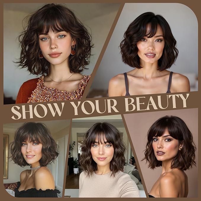 MISSQUEEN Brown Wavy Wigs With Bangs Curly Short Bob Wigs for Women for Heat Resistant Fiber Synthetic Colorful Wig for Daily Party Cosplay Chrismas Halloween Used