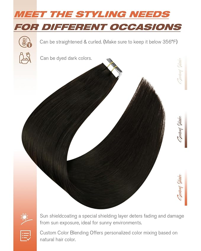 Sunny Hair Tape in Hair Extensions Real Human Hair Invisible Remy Hair Extensions Tape ins for Women Darkest Brown 24 inch 20Pcs 50G