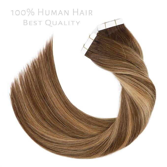 Lacer Tape in Hair Extensions Real Human Hair Chocolate Brown to Strawberry Blonde Highlights with Chocolate Brown Roots Human Hair Tape in Extensions 20pcs 50g 14 Inch