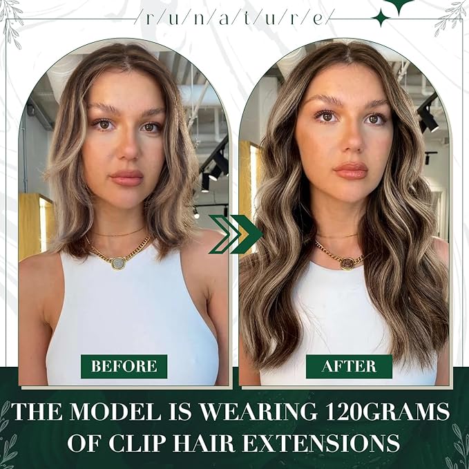 RUNATURE Real Hair Extensions Clip in Human Hair, Remy Clip in Hair Extensions Real Human Hair, Tangle-free Soft Natural Hair for Women, 12 Inch 50g 3pcs #3P12 Walnut Brown Highlight Blonde