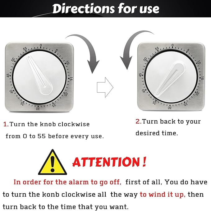 Kitchen Timers for Cooking, Chef Cooking Timer Clock with Loud Alarm,100% Mechanical Desk Timer - No Batteries Required - Magnetic Backing, Exquisite Stainless Steel Body - Countdown Reminder Magnetic