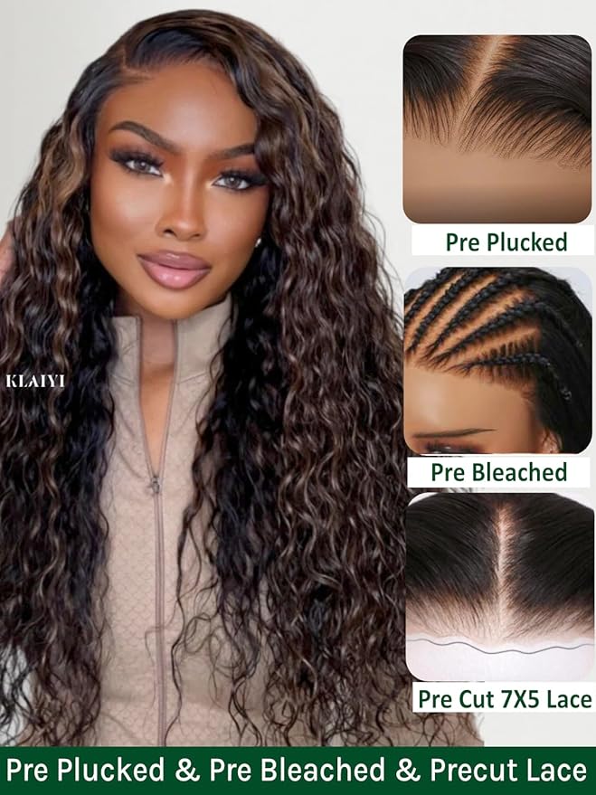 KLAIYI Golden Brown Water Wave Bye Bye Knots Glueless Wig Human Hair Highlight 7x5 Precut Lace Front Pre Plucked Bleached Ombre 3S Ready to Wear Go Beginners Wig with Dark Roots Deep Curly Wave 26Inch