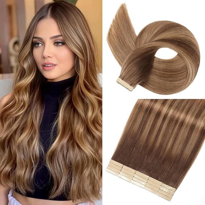 Tape in Hair Extensions Human Hair 16 Inch 20pcs Invisible Tape ins Hair Extensions Real Human Hair Chocolate Brown to Caramel Blonde Remy Seamless Injected Tape Extensions