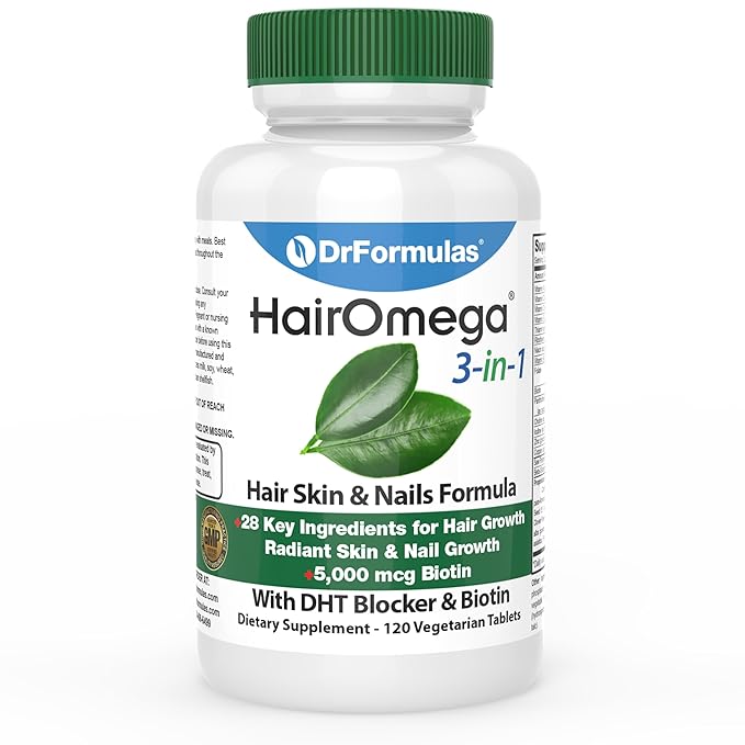 DrFormulas HairOmega 3-in-1 Hair Growth Vitamins with DHT Blocker, Biotin for Women & Men | Hair Skin and Nails Supplement for Hair Loss, 120 Pills