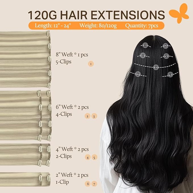 DOORES Hair Extensions Clip in Human Hair, Ash Blonde Highlighted Platinum Blonde 80g 7pcs 12 Inch, Clip in Hair Extensions Real Human Hair Straight Remy Hair Extensions Natural Hair Extensions