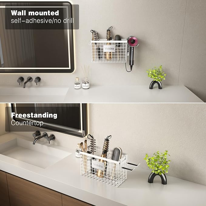 Voldra Hair Dryer Holder Cabinet Door, Adhesive Hair Tool Organizer Wall Mount Adjustable Height Blow Dryer Holder Under Sink/Countertop for Flat Curling Iron, Hair Brush and Straightener (1, White)