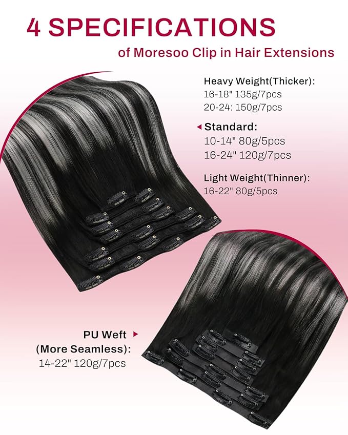 Moresoo Black And Silver Clip in Hair Extensions Ombre Natural Black to Silver Grey Hair Extensions Real Human Hair Clip ins Remy Human Hair Long Full Head 120g/7pcs 22 inch