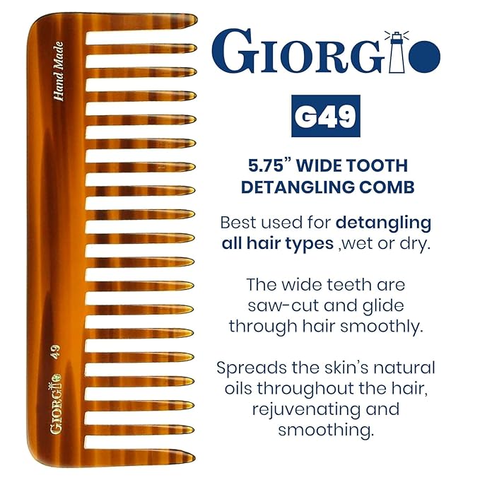 Giorgio G49 Large 5.75 Inch Hair Detangling Comb, Wide Teeth for Thick Curly Wavy Hair. Long Hairs Detangler Comb For Wet and Dry. Handmade of Cellulose, Saw-Cut, Hand Polished, Tortoise Shell 3 Pack