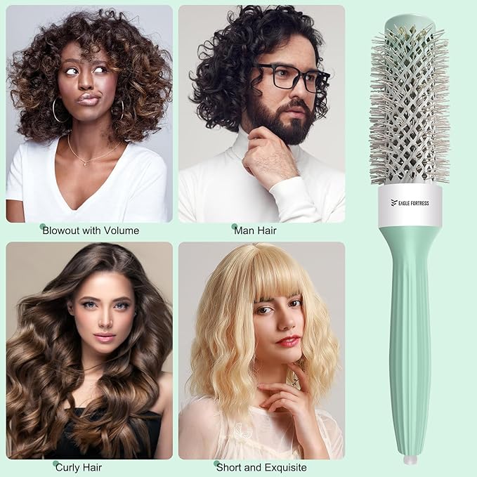 Eagle Fortress Round Brush for Blow Out, Thermal Ceramic Hair Brush for Blow Drying with Ionic Bristle for Professional Blowout Brushing - Green, 32mm