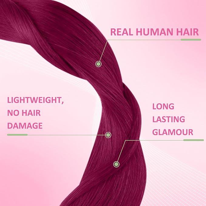 YoungSee Human Hair Tape in Extensions Magenta Tape in Hair Extensions Red 14 Inch Tape-Ins Human Hair Extension Real Human Hair Colorful 10pcs 25g For Diy Glam Look