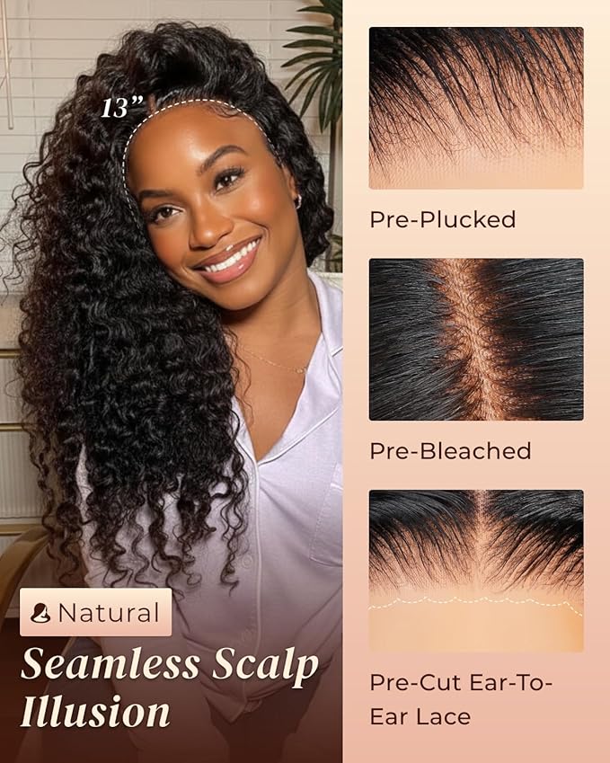 Arabella 13x6 Lace Front Wigs Human Hair 210% Density Glueless Wigs Human Hair 100% Curly Wave Human Hair Wigs 12A Pre Plucked Pre-Bleached Pre-Cut Glueless Wig (24inch,13x6 deep curly wig)