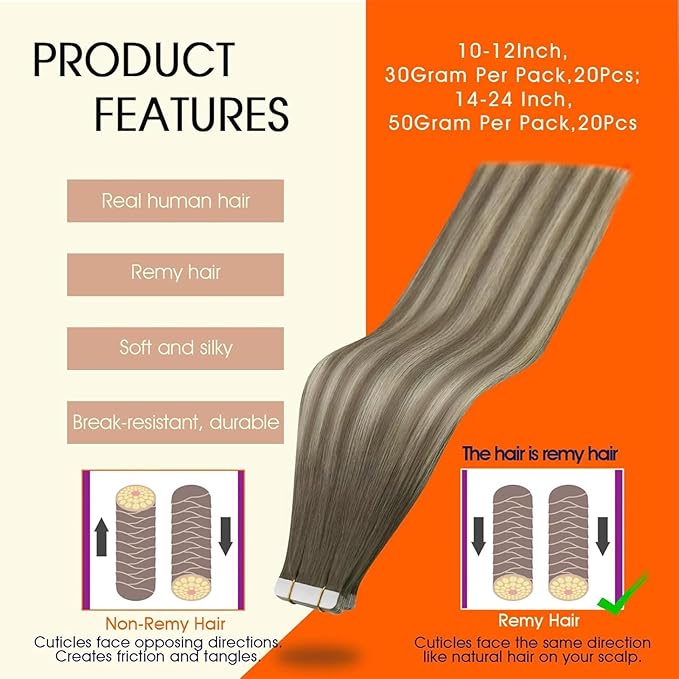 Full Shine Remy Tape in Human Hair Extensions Color 7/1000/7 Balayage Blonde Tape in Extensions Seamless Invisible Tape ins Hair Extensions Real Human Hair 20Inch Long Straight Hair 50G 20Pcs Natural