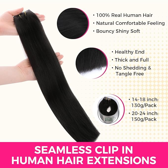 Lashey Seamless Clip in Hair Extensions Human Hair 130g 9pcs #1 Jet Black Straight 18 Inch Clip in Hair Extensions with PU Soft Invisi Edge