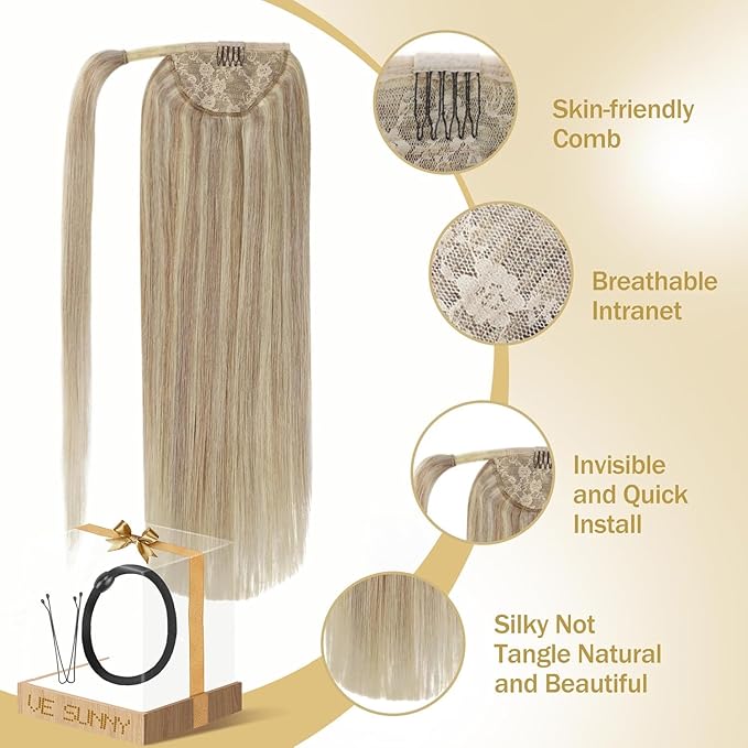 Ve Sunny Hair Extensions Ponytail Real Human Hair 80G Wrap Around Clip in Ponytail Hair Extensions Straight Extensions Human Hair for Women Blonde Highlights for Women Warm Color 14inch