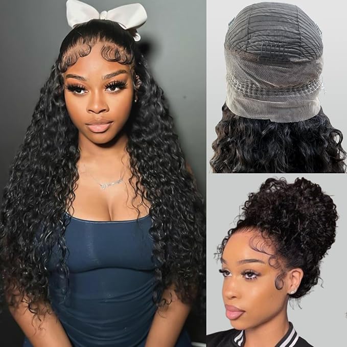 360 Glueless Drawstring Wig Human Hair 20 Inch Pre Plucked Hidden Strap 360 Water Wave Lace Front Wigs,180% Density Curly Wet and Wavy HD Full 360 Lace Frontal Human Hair Wig