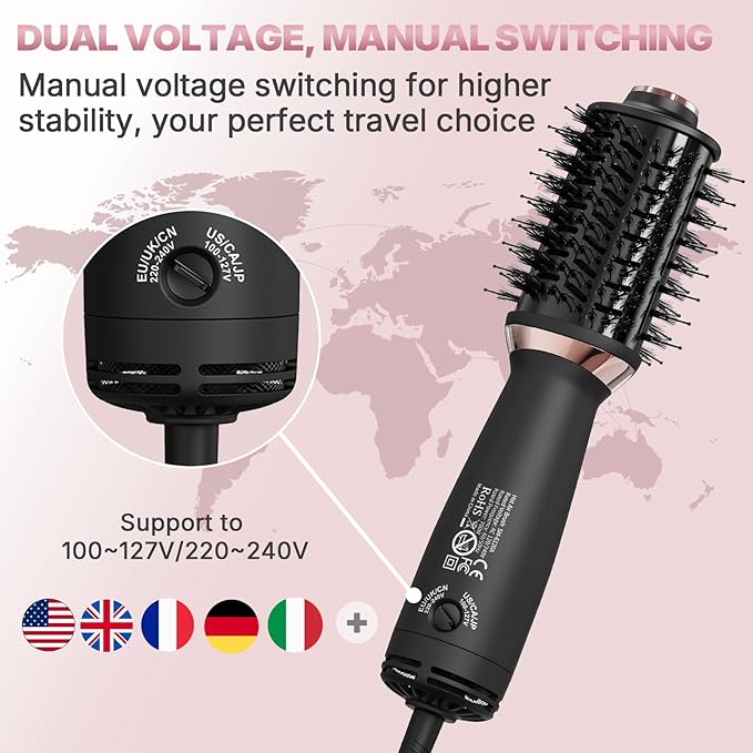 Mini Dual Voltage Hair Dryer Brush, 2-in-1 Hot Air Brush for Travel, One Step Blow Dryer & Styler for Drying, Smoothing and Volumizing Hair