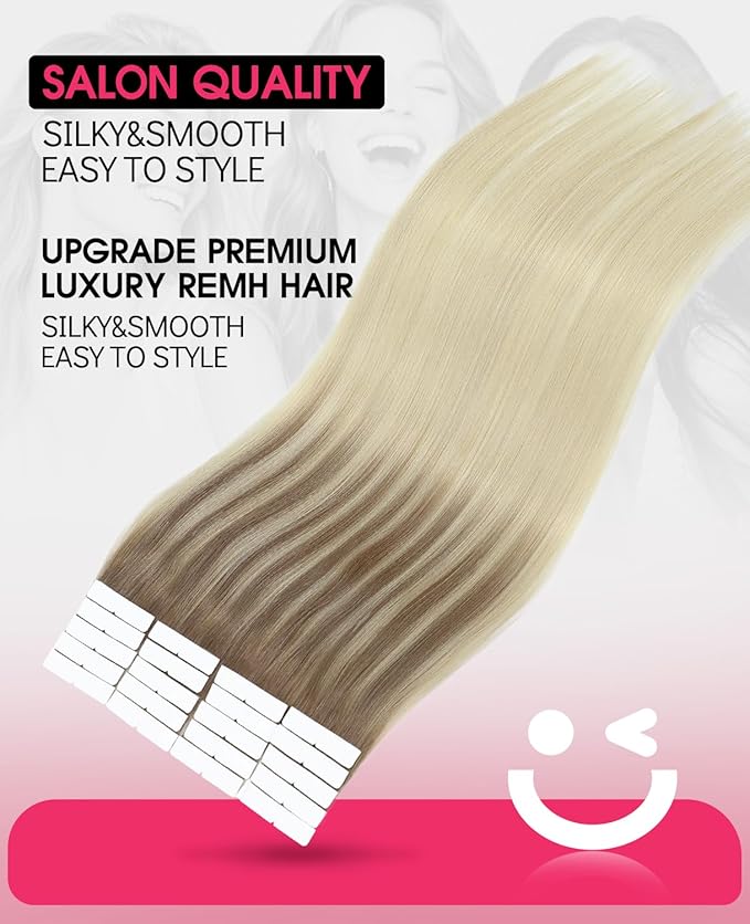 Youngsmile Injection Tape in Hair Extensions Human Hair #8T60 Ash Brown to Platinum Blonde 20pcs 50g 22 Inch Balayage Injected Seamless Tape in Hair Extensions Straight Remy Human Hair (#8T60,22'')