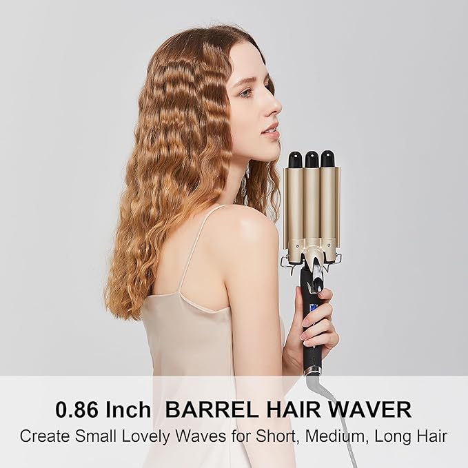 Hair Curler 0.86 Inch for SMALL CUTE WAVES, AIMERVO 22MM Triple Barrels Curling Wand Rod with LCD Display 15 Temp Control up to 450°F, Ceramic Tourmaline, 30S Heat-Up, Wavy Crimps for All Hair lengths