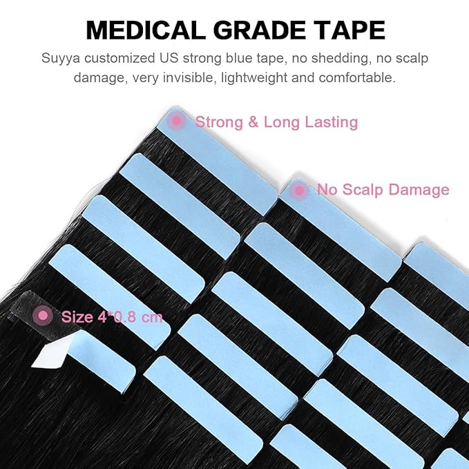 SUYYA Tape in Hair Extensions Black 100% Real Human Hair 20pcs 40g/pack Straight Seamless Skin Weft Tape Hair Extensions Jet Black Hair(14 Inch, #1 Jet Black)