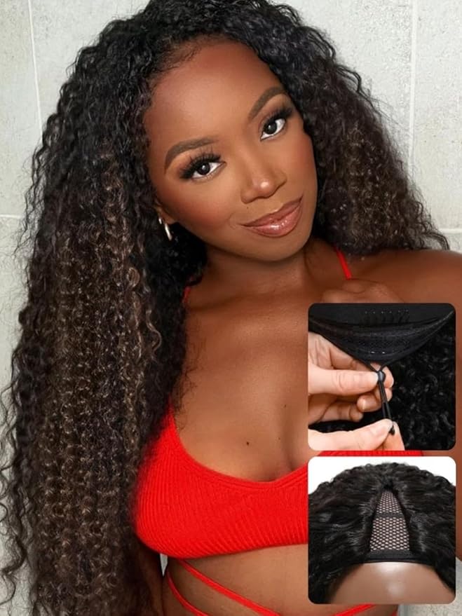 YIROO EasiContour V Part Ombre Brown Human Hair Wig Curly 12A Glueless Upgrade U Part Wig Ombre Black to Chestnut Brown No Leave Out V Shape Clip Wigs Ready to Go 150% Density Beginner Friendly 14Inch
