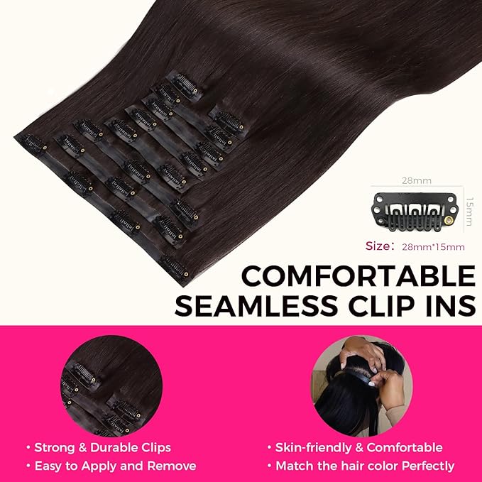 Lashey Seamless Clip in Hair Extensions Human Hair 130g 18 Inch 9pcs #2 Dark Brown Light Yaki Straight Full Pack Clip in Hair Extensions for Women