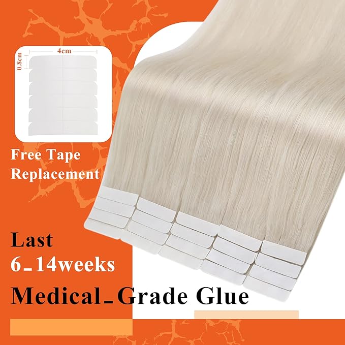Full Shine Thick Tape in Hair Extensions Human Hair 24 Inch Color 1000 White Blonde Double Sided Tape in Extensions Invisible Seamless Real Remy Skin Weft 20Pcs Add Length Silky Soft