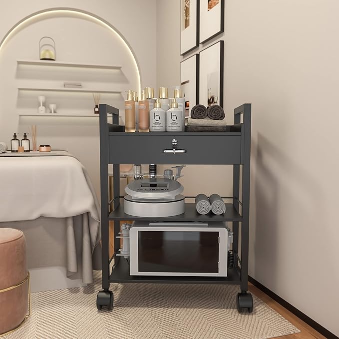 Salon Beauty Cabinet Cart Trolley 2-Layer Rolling Storage Drawer Organizer Wheels Lockable Tool Salon Station Barber Stylist Equipment Makeup Spa Cart (Black-3 Layer)