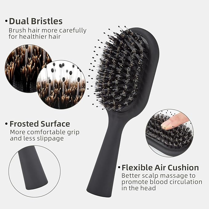 Boar Bristles Hair Brush for Women and Men, Detangling Hair Brush for Smoothing Massage Add Shine, Nylon&Boar Bristles Detangler brush for Hair Healthy (Medium-Black)