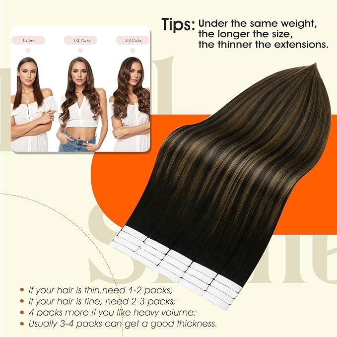Full Shine Tape Hair Extensions Real Human Hair 12Inch Color 1B Black Ombre 6 Brown Highlight 1B Tape in Human Hair Extensions Double Sided Tapes ins 30Gram 20Pcs Seamless Invisible Straight Hair