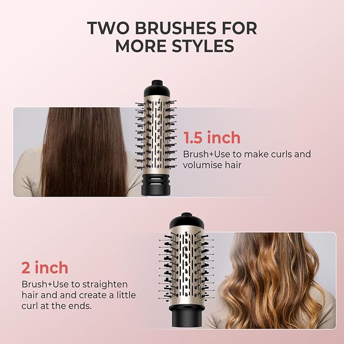 Hair Dryer Brush, 3-in-1 Rotating Round Hot Air Spin Brush Set with 2 Brushes (2" & 1.5"), Negative Ionic Blow Volumizer, 2 Detachable Auto-Rotating Curling Brush, Blow Dryer Brush,Dry as You Style