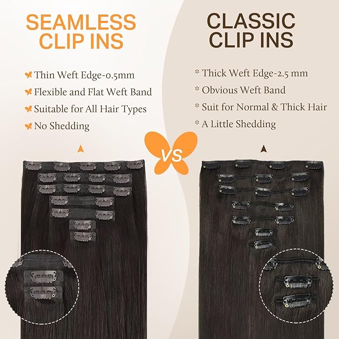 DOORES Clip-in Hair Extensions, Dark Brown 160g 7pcs 24 Inch, Seamless Invisi Edge Remy Thick Straight Hair for Women