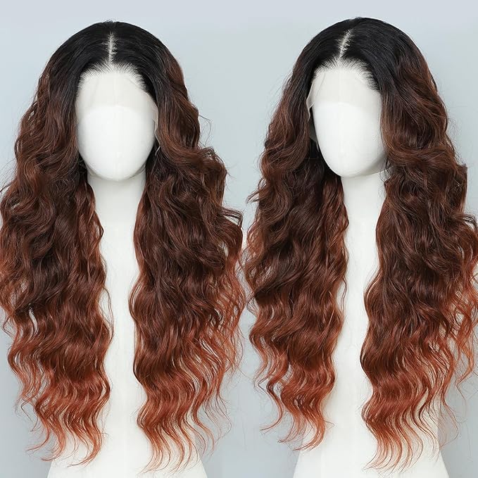 Synthetic 13x4 HD Lace Front Wigs Pre Plucked 26 Inch Long Wavy Ombre Burgundy with Black 100% Futura Premium Lace Wigs For Black Women Ready to Wear Daily Party Use