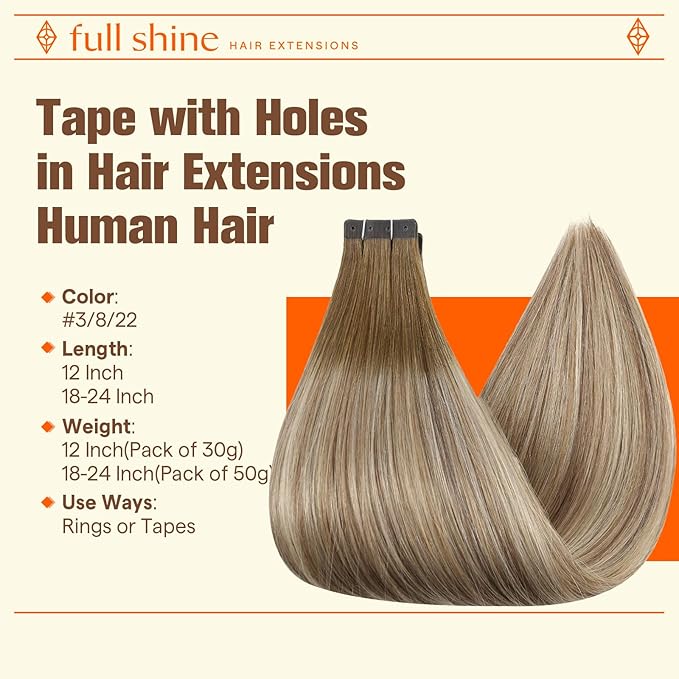 Full Shine Holed Tape in Hair Extensions Human Hair 24Inch Invisible Tape Extensions Seamless Color 3 Dark Brown to 8 Ash Brown and 22 Blonde 20PCS 50G Skin Weft for Wedding PU Weft
