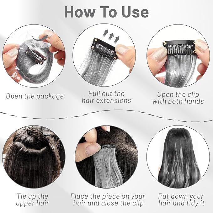 16 Pcs Colored Hair Extensions Curly Wavy Clip in Synthetic Hair Extensions,Colorful Sliver Gray Highlights Hairpiece Streak for Girls Women Kids Christmas Cosplay Party Gift(Grey)